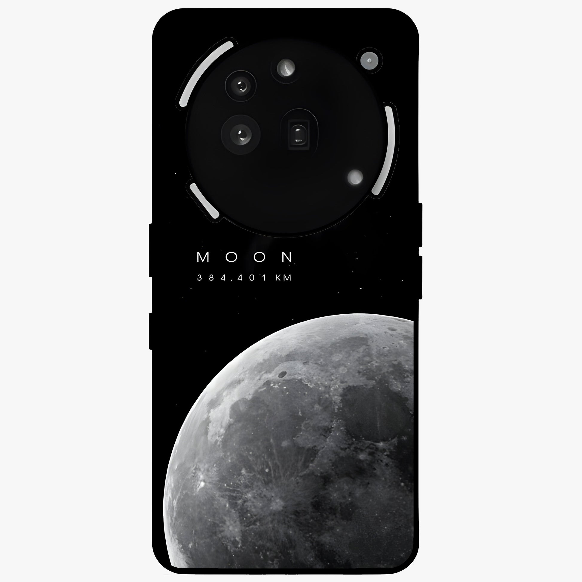 Cosmic Moon Glow Glass Case showing flat back view with glowing moon artwork and glossy glass finish.