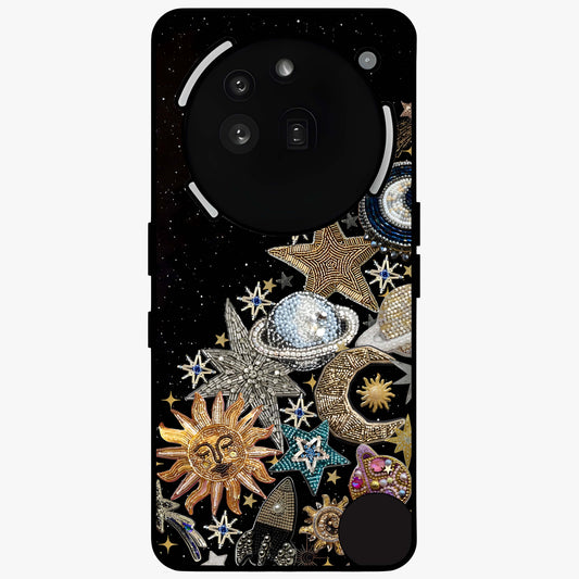 Cosmic Sparkle Dreams Glass Case showing flat back view with sparkling cosmic artwork and glossy glass finish.