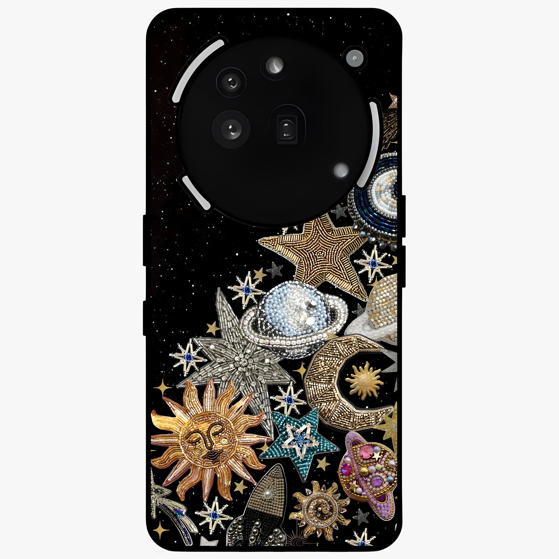 Cosmic Sparkle Dreams Glass Case showing flat back view with sparkling cosmic artwork and glossy glass finish.