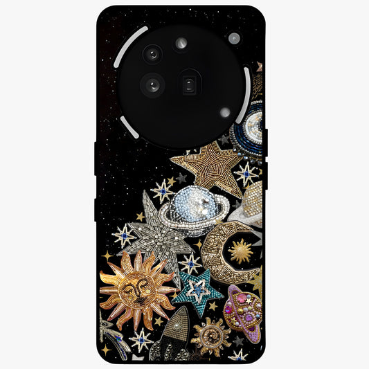 Cosmic Sparkle Dreams Glass Case showing flat back view with sparkling cosmic artwork and glossy glass finish.