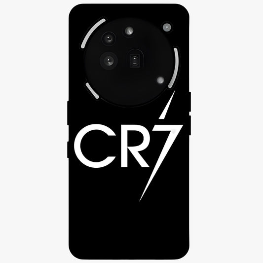 Cr7 Elite Strike Glass Case showing flat back view with dynamic football inspired artwork and glossy glass finish.