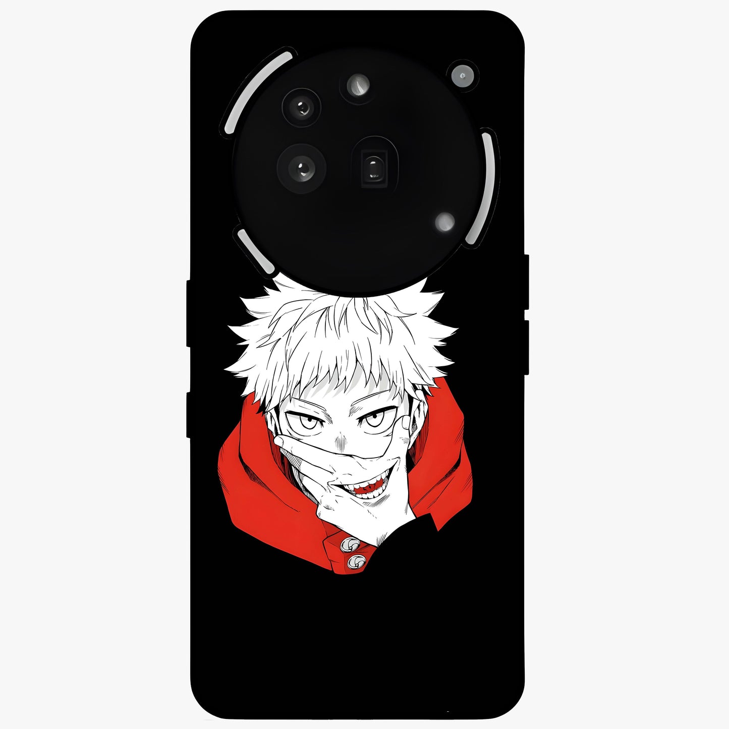 Crimson Chaos Smile Glass Case showing flat back view with bold chaotic smile artwork and glossy glass finish.