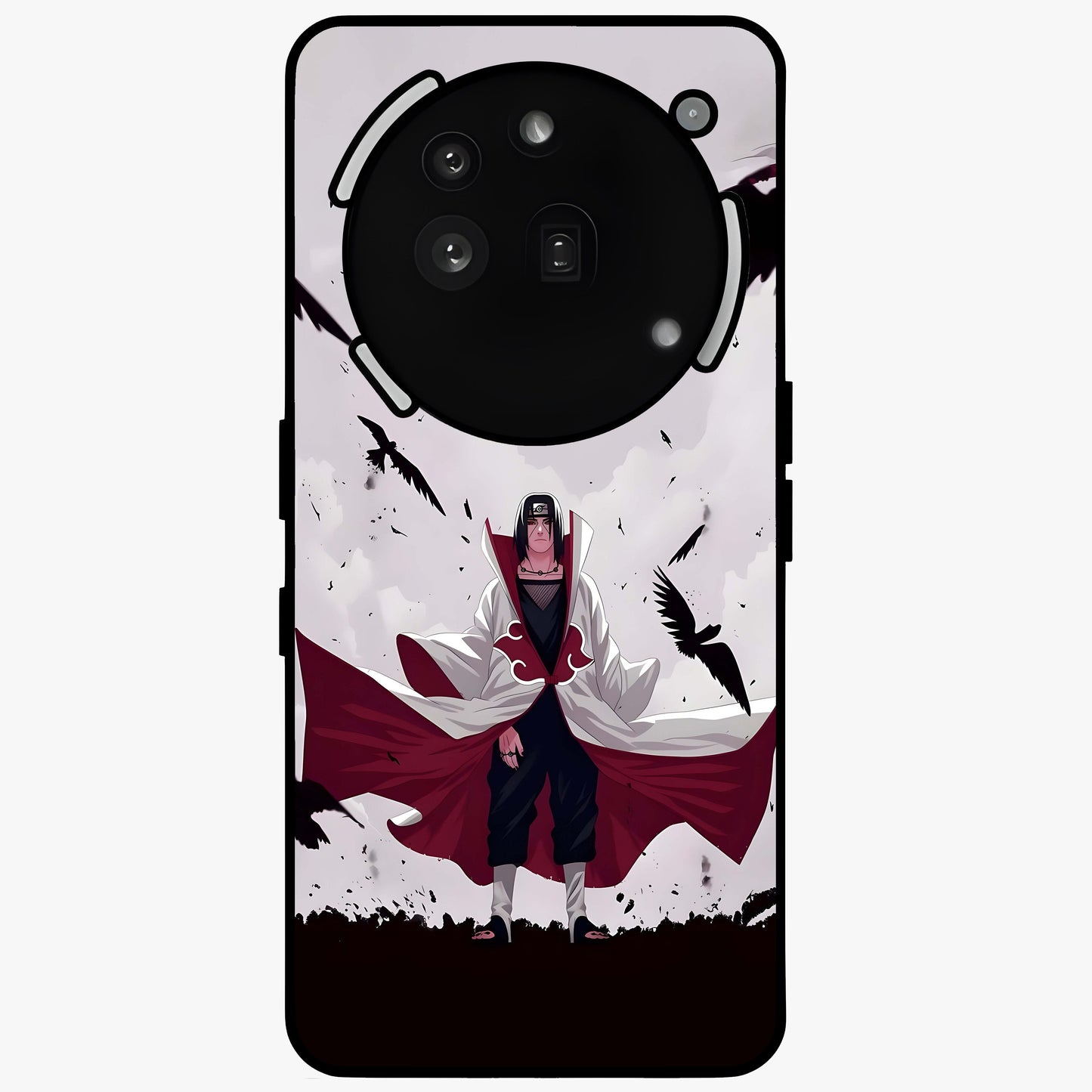 Crimson Crow Ascension Glass Case showing flat back view with mystical crow artwork and glossy glass finish.