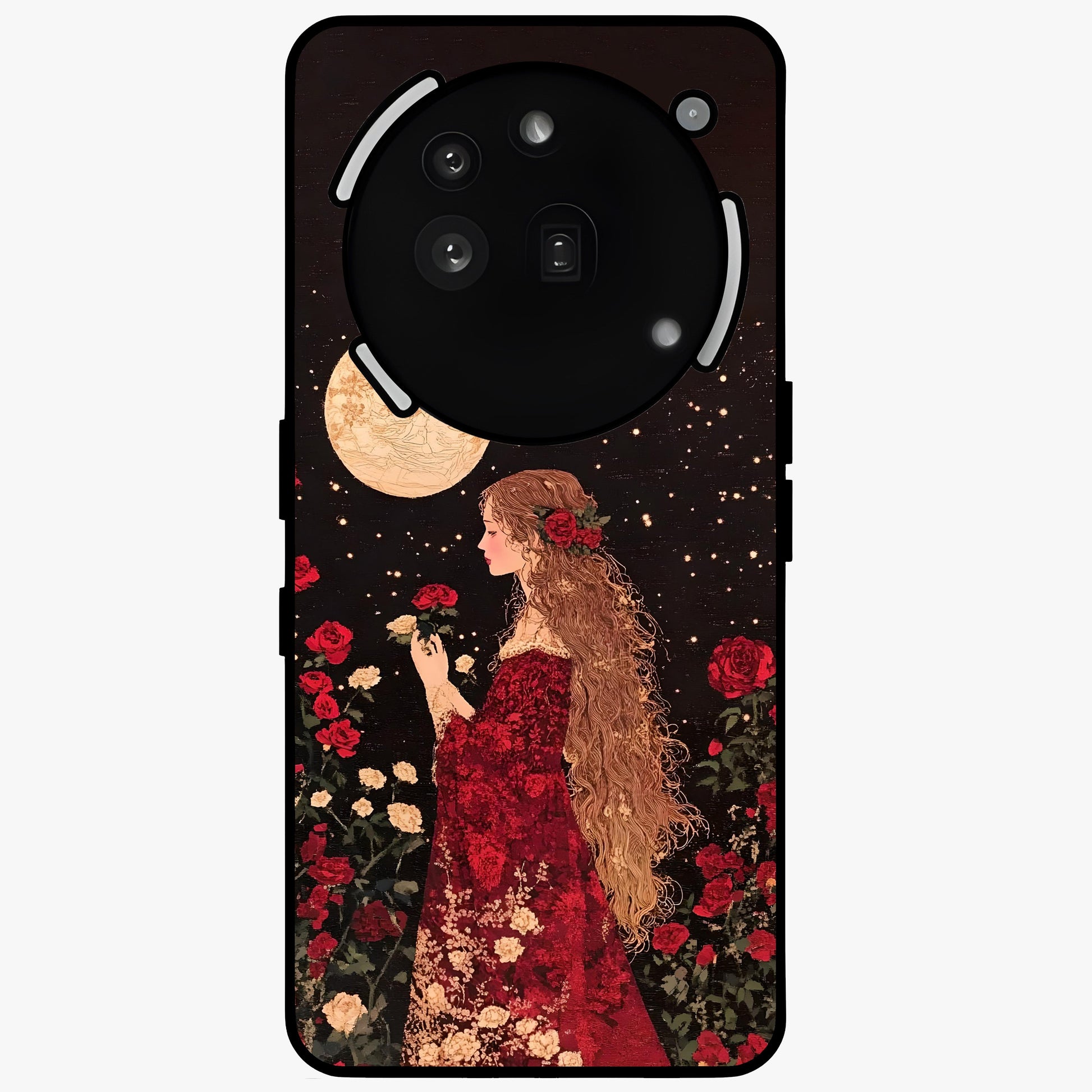 Crimson Dreams Glass Case showing flat back view with dreamy crimson artwork and glossy glass finish.