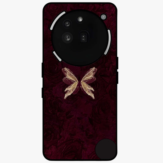 Crimson Fade Butterfly Glass Case showing flat back view with fading butterfly artwork and glossy glass finish.