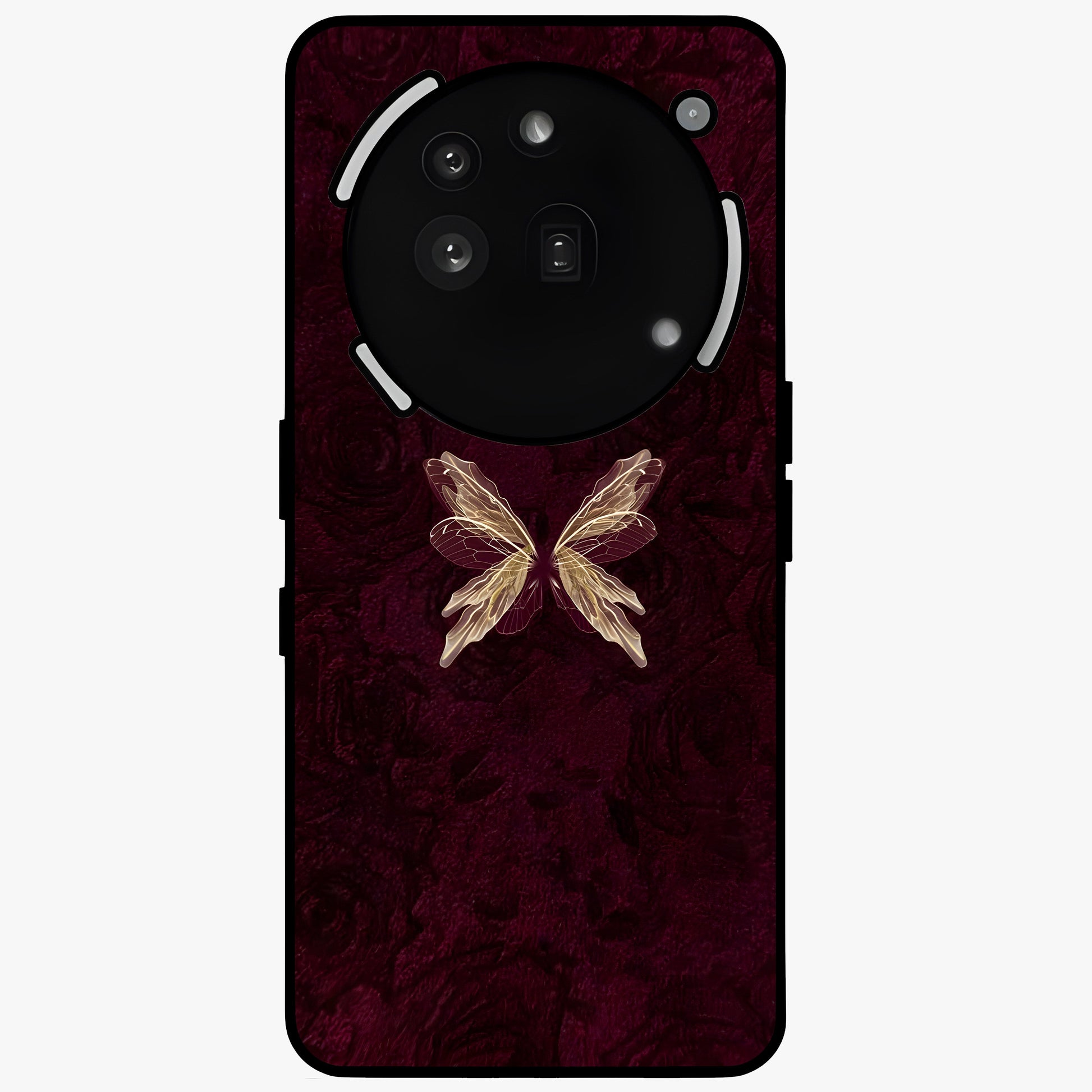 Crimson Fade Butterfly Glass Case showing flat back view with fading butterfly artwork and glossy glass finish.