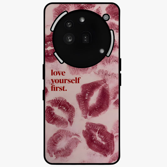 Crimson Kiss Love Glass Case showing flat back view with romantic crimson themed artwork and glossy glass finish.
