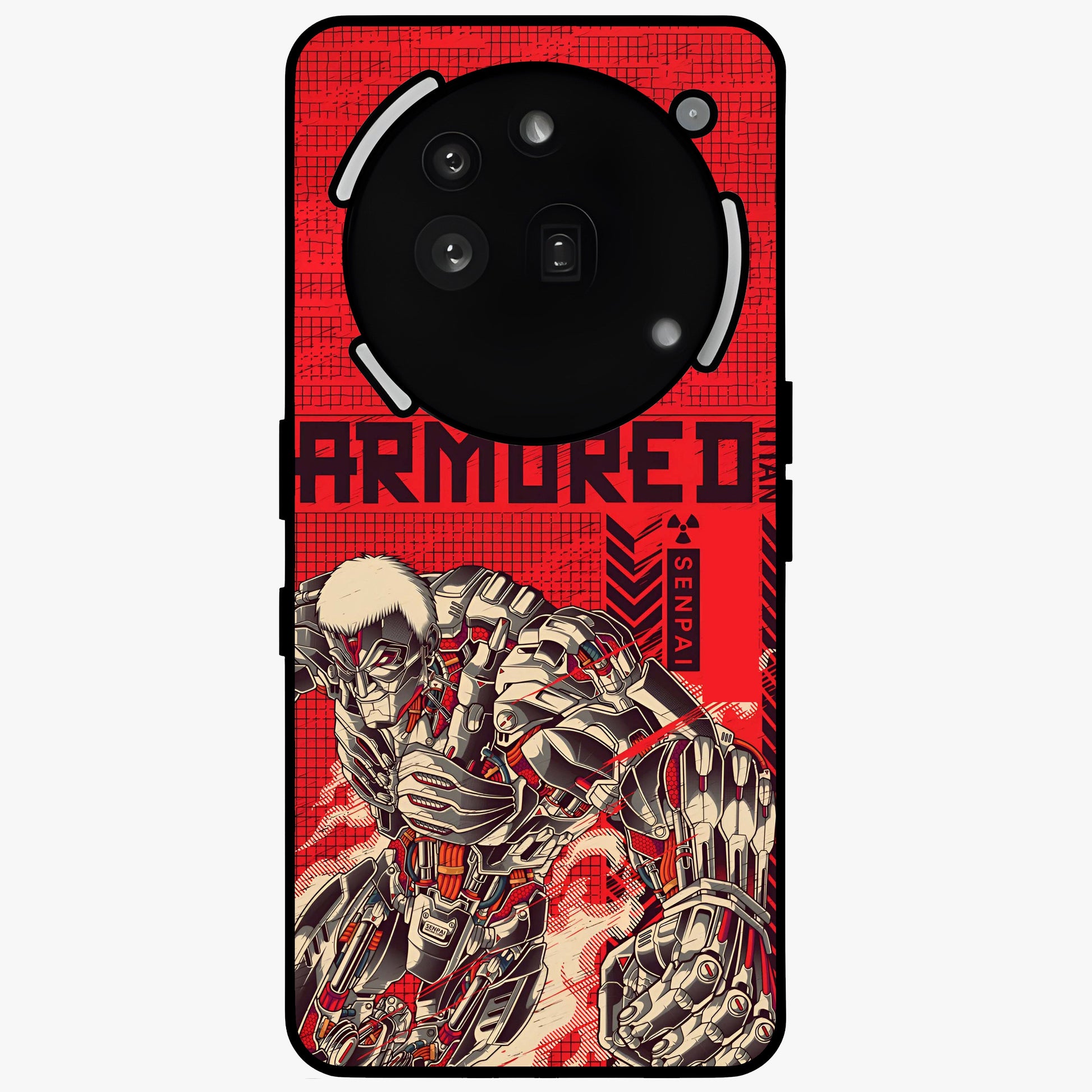 Crimson Mecha Titan Glass Case showing flat back view with powerful mech titan artwork and glossy glass finish.