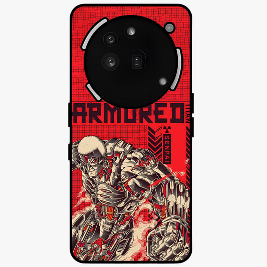 Crimson Mecha Titan Glass Case showing flat back view with powerful mech titan artwork and glossy glass finish.