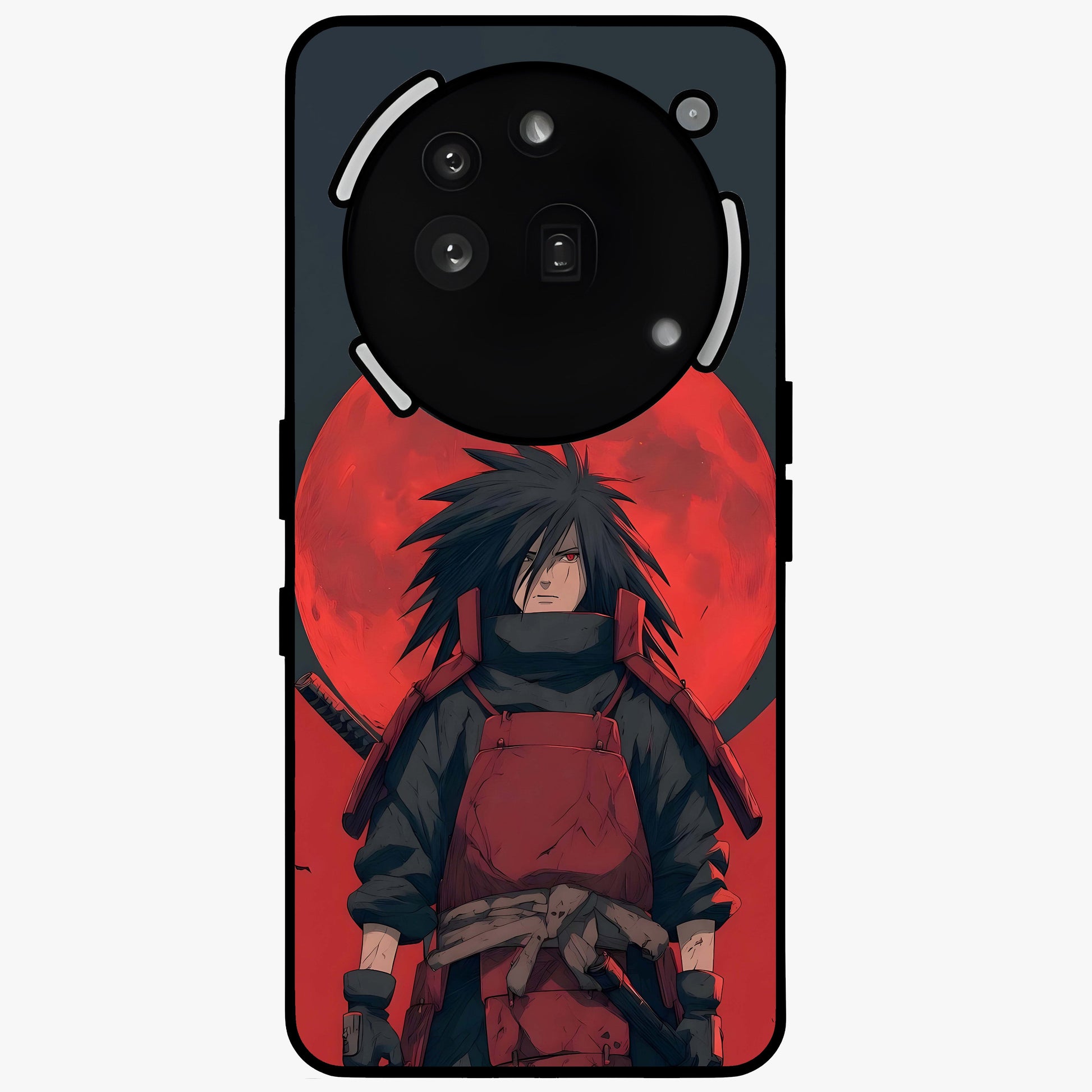 Crimson Moon Warlord Glass Case showing flat back view with mystical moon warrior artwork and glossy glass finish.