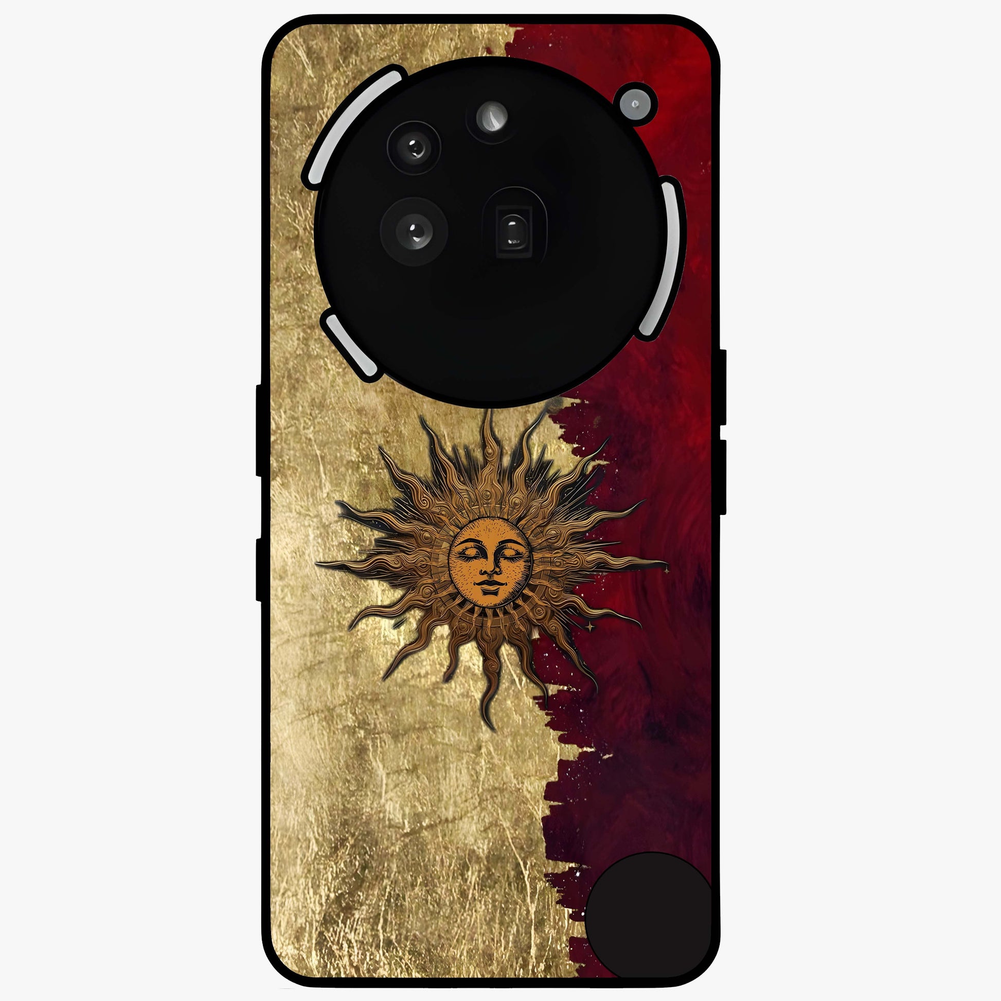 Crimson Sun Majesty Glass Case showing flat back view with radiant sun inspired artwork and glossy glass finish.