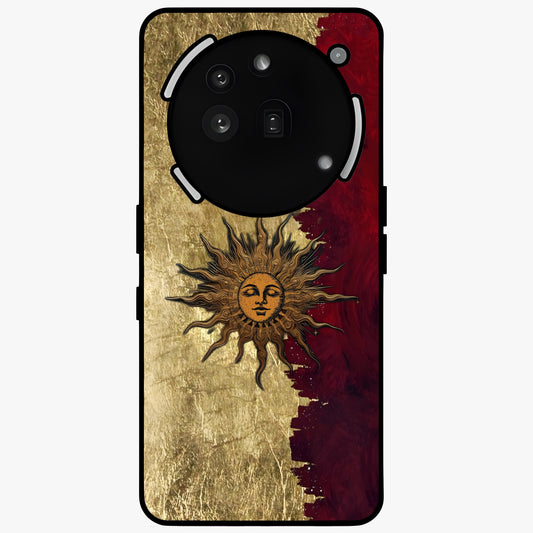 Crimson Sun Majesty Glass Case showing flat back view with radiant sun inspired artwork and glossy glass finish.