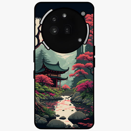 Crimson Temple View Glass Case showing flat back view with temple inspired artwork and glossy glass finish.