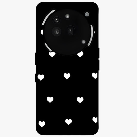 Cute And Simple White Hearts Glass Case showing flat back view with minimal white heart pattern and glossy glass finish.