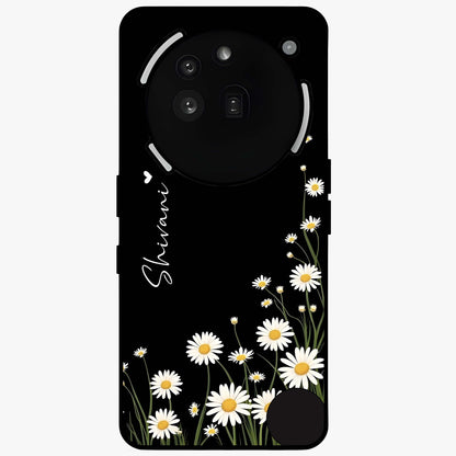 Daisy Cascade Custom Name Glass Case showing flat back view with cascading daisy flowers and personalized name design.