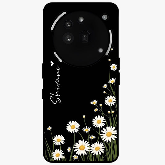 Daisy Cascade Custom Name Glass Case showing flat back view with cascading daisy flowers and personalized name design.