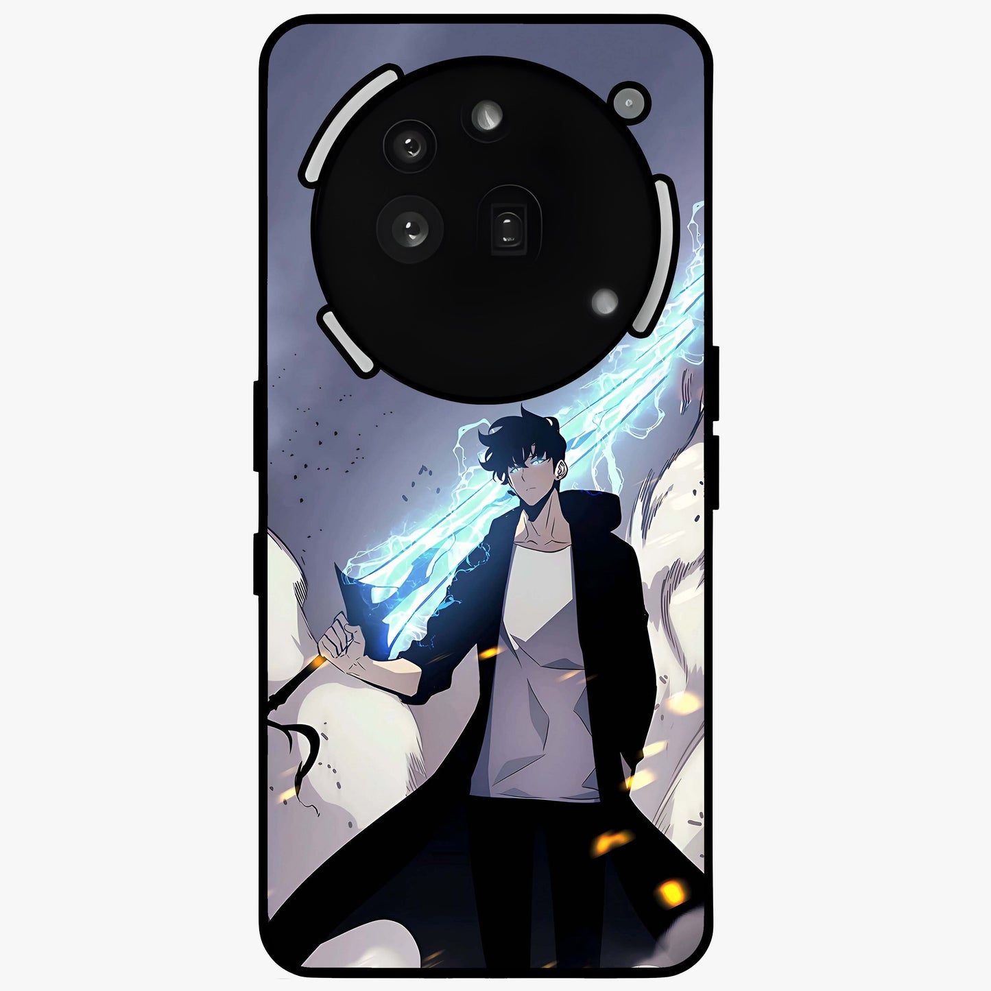 Dark Lightning Anime Warrior Glass Case showing flat back view with intense anime warrior artwork and glossy glass finish.