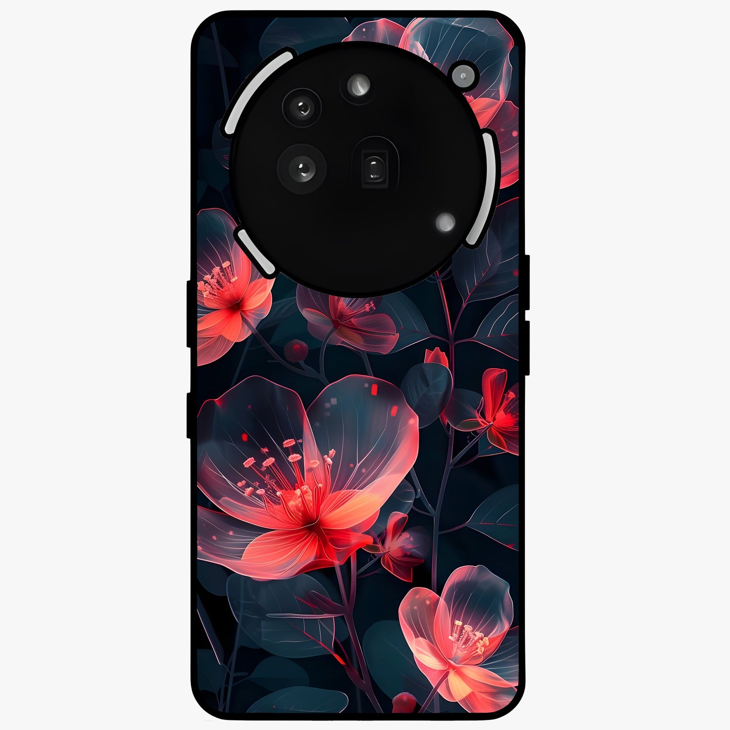 Dark Shade of Flower Glass Case showing flat back view with elegant dark floral artwork and glossy glass finish.