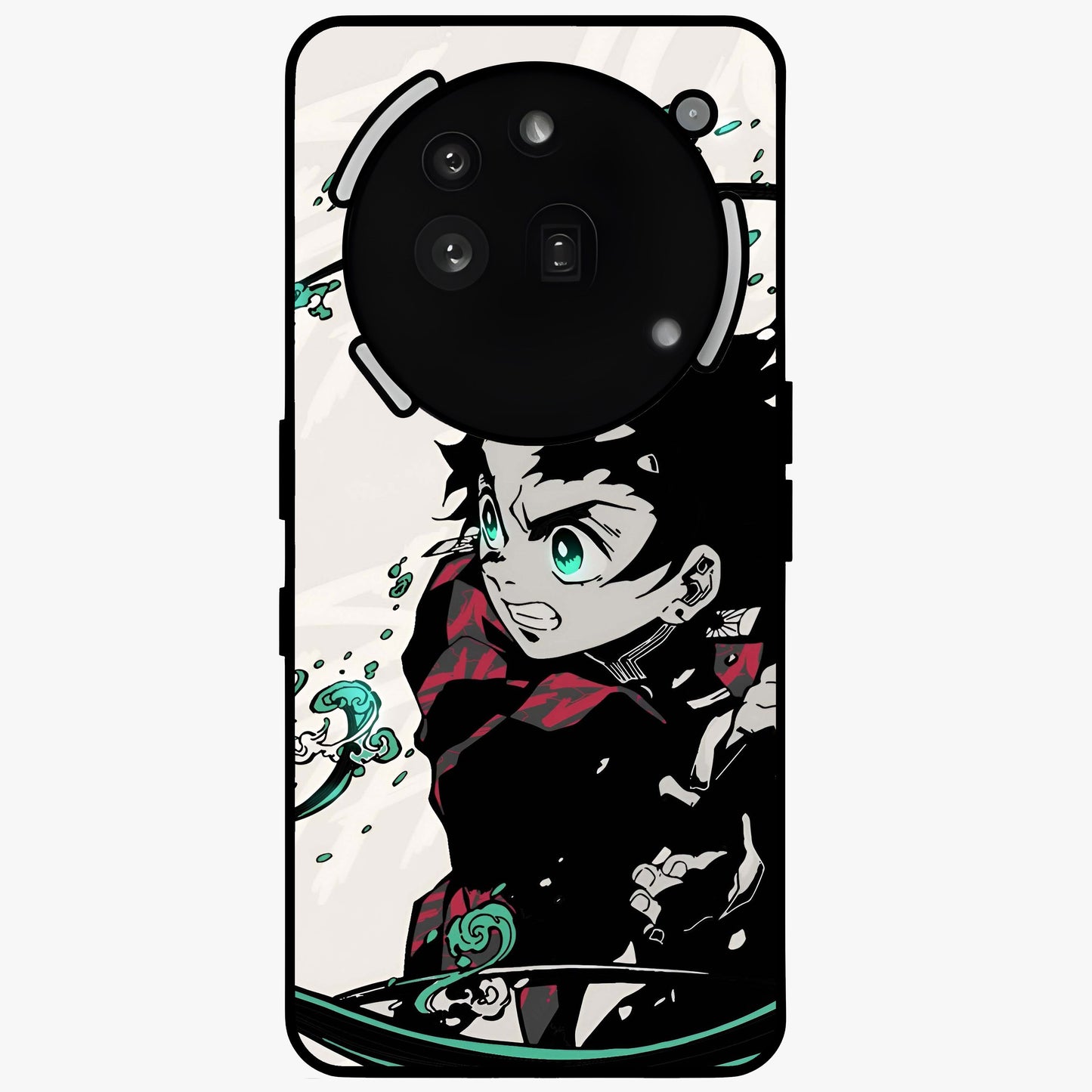 Demon Slayer Glass Case showing flat back view with bold anime inspired artwork and glossy glass finish.