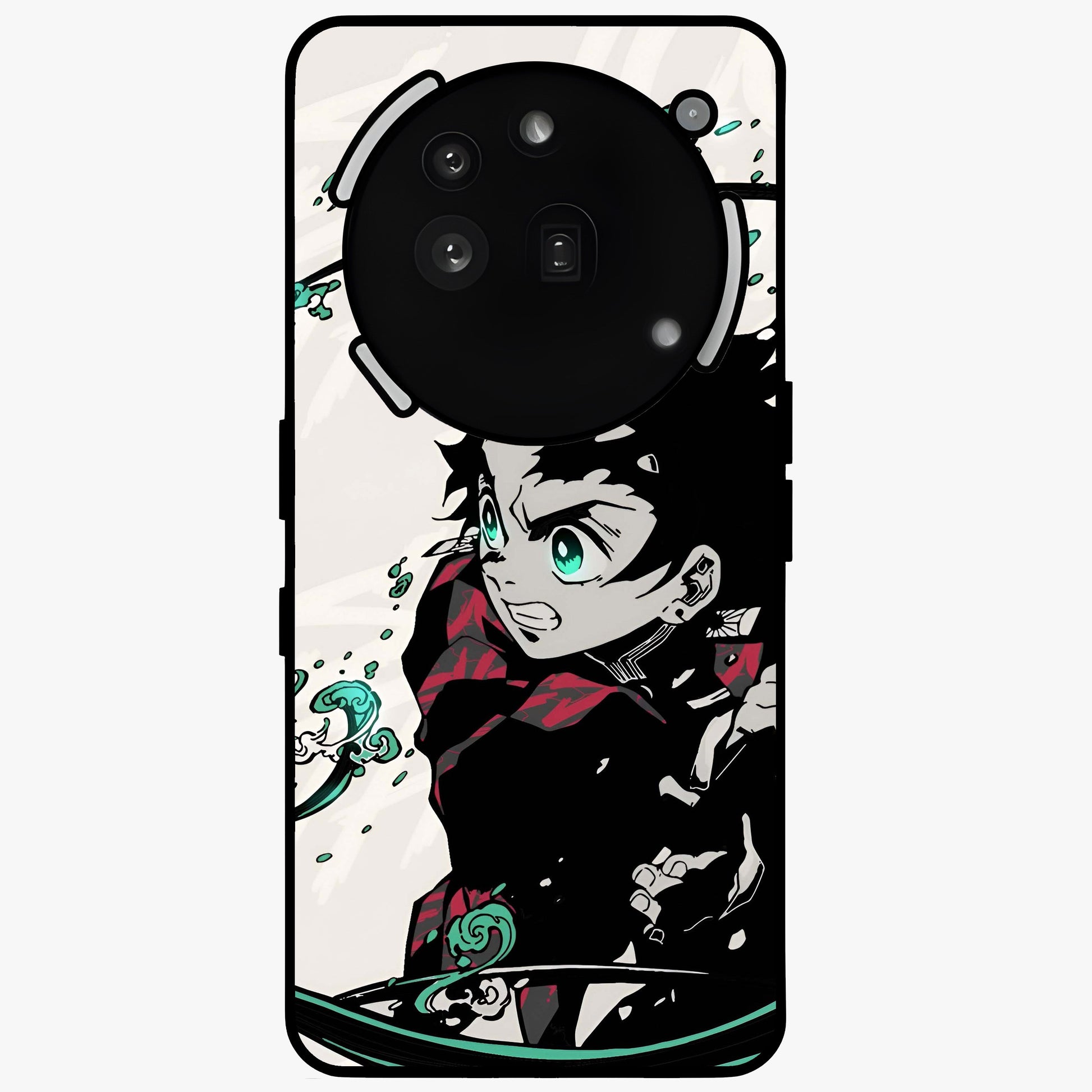 Demon Slayer Glass Case showing flat back view with bold anime inspired artwork and glossy glass finish.