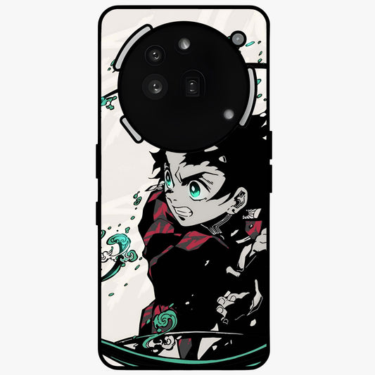 Demon Slayer Glass Case showing flat back view with bold anime inspired artwork and glossy glass finish.