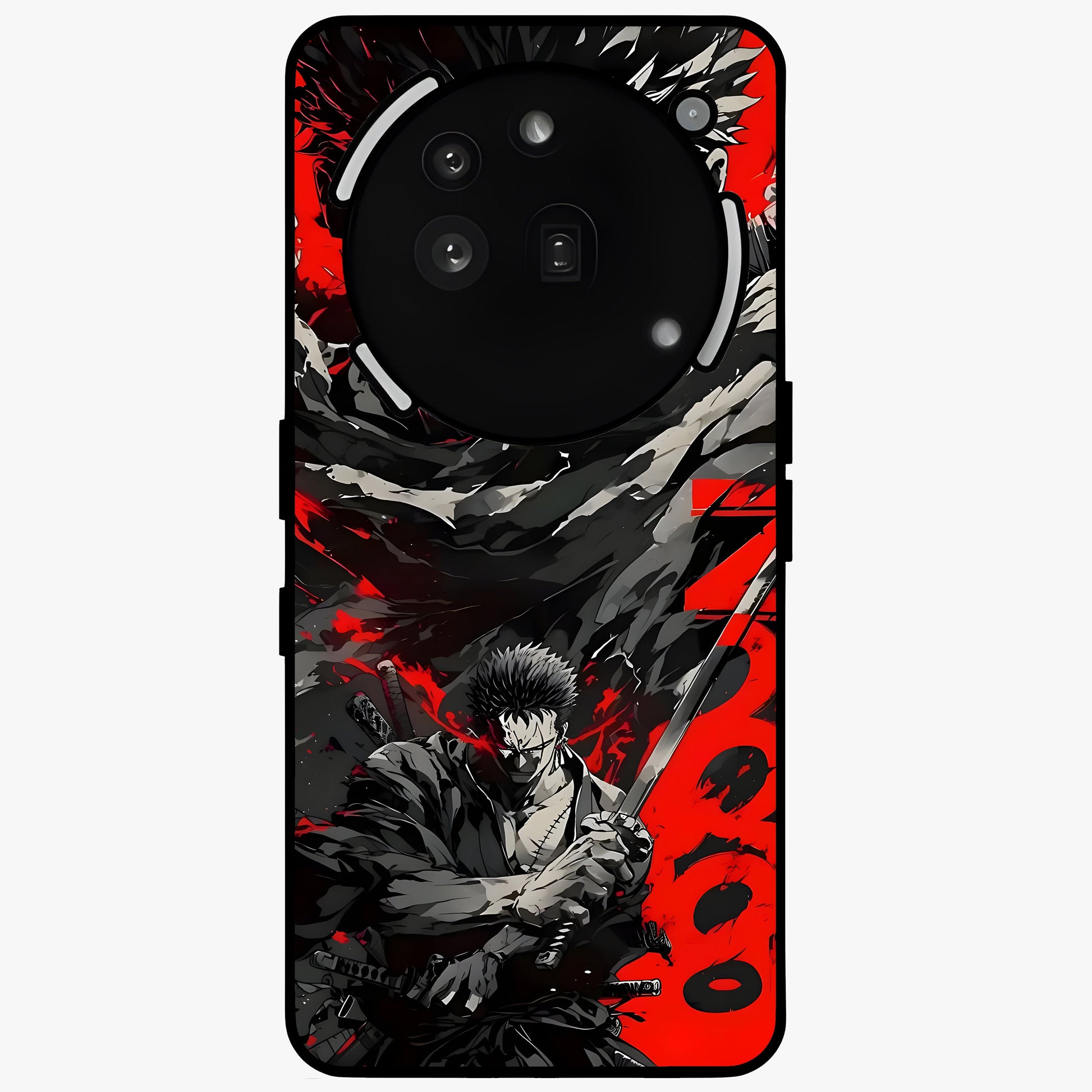 Demon Sword Resolve Glass Case showing flat back view with fierce sword warrior artwork and glossy glass finish.