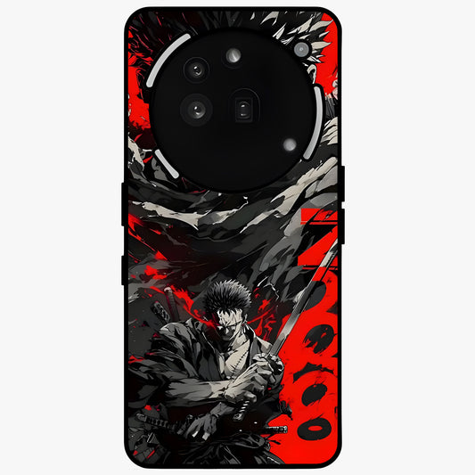 Demon Sword Resolve Glass Case showing flat back view with fierce sword warrior artwork and glossy glass finish.