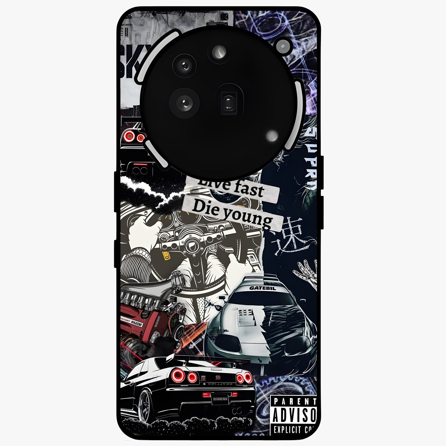 Die Young Glass Case showing flat back view with bold artistic typography design and glossy glass finish.
