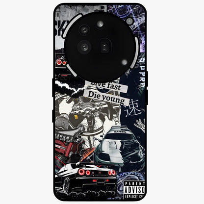 Die Young Glass Case showing flat back view with bold artistic typography design and glossy glass finish.