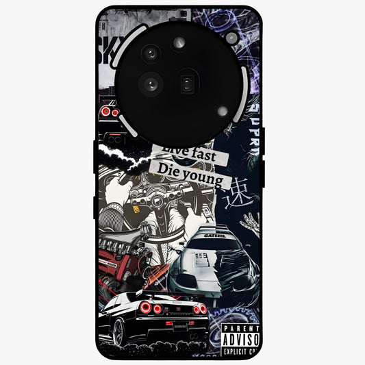Die Young Glass Case showing flat back view with bold artistic typography design and glossy glass finish.