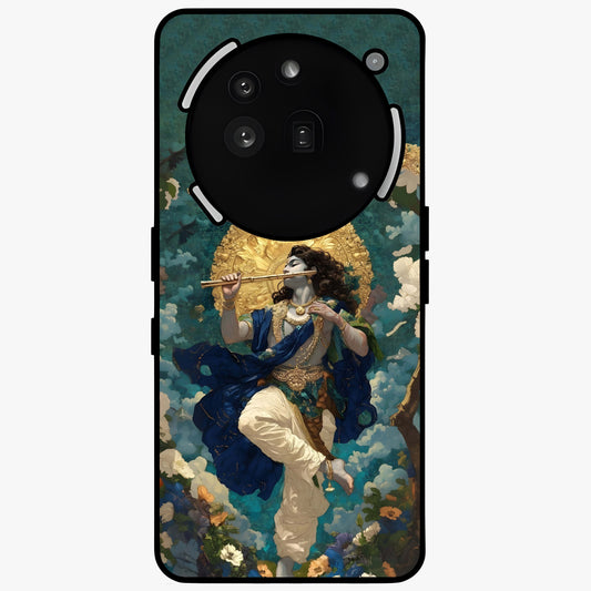 Divine Krishna Art Glass Case showing flat back view with Lord Krishna artwork and glossy glass finish.