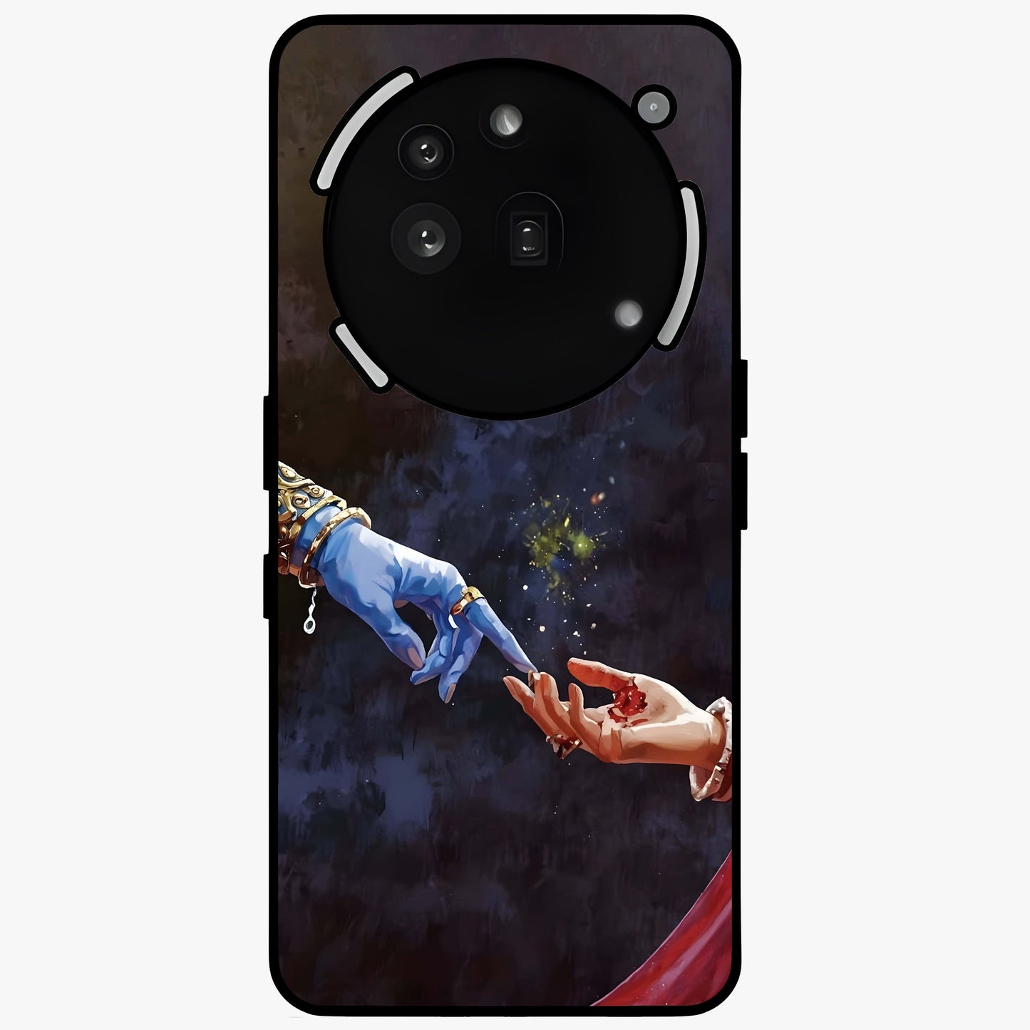 Divine Touch Eternal Glass Case showing flat back view with spiritual themed artwork and glossy glass finish.