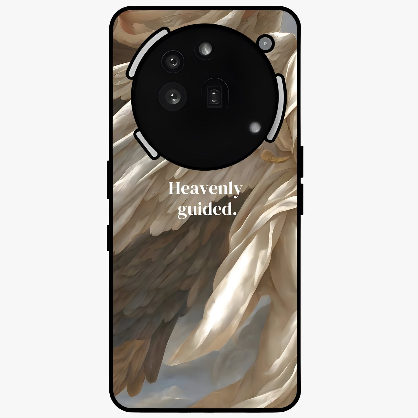 Divine Winged Grace Glass Case showing flat back view with elegant wing inspired artwork and glossy glass finish.