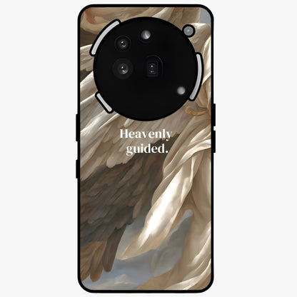 Divine Winged Grace Glass Case showing flat back view with elegant wing inspired artwork and glossy glass finish.