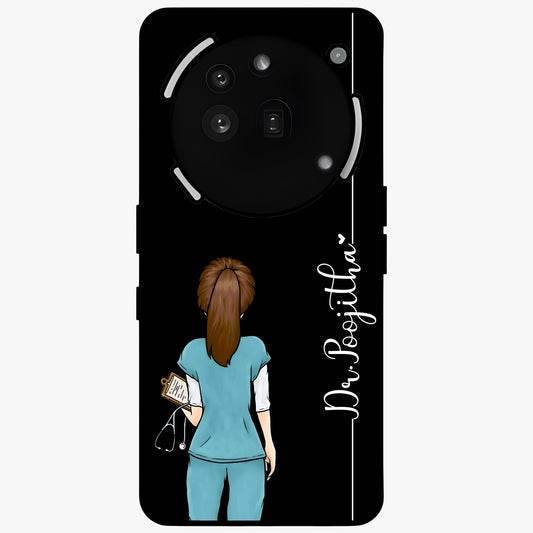 Doctor Pattern Custom Name Glass Case showing flat back view with medical themed pattern and personalized name design.