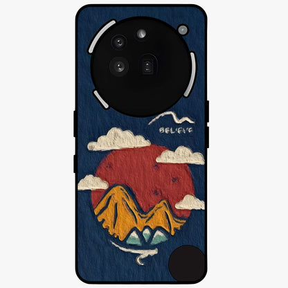 Dream Beyond Mountains Glass Case showing flat back view with scenic mountain landscape artwork and glossy glass finish.
