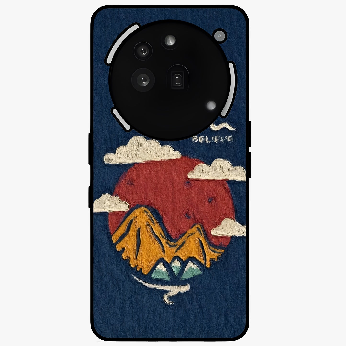 Dream Beyond Mountains Glass Case showing flat back view with scenic mountain landscape artwork and glossy glass finish.