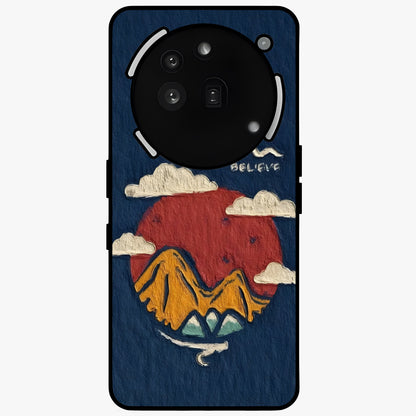 Dream Beyond Mountains Glass Case showing flat back view with scenic mountain landscape artwork and glossy glass finish.