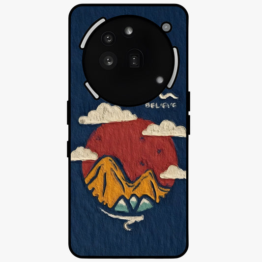 Dream Beyond Mountains Glass Case showing flat back view with scenic mountain landscape artwork and glossy glass finish.