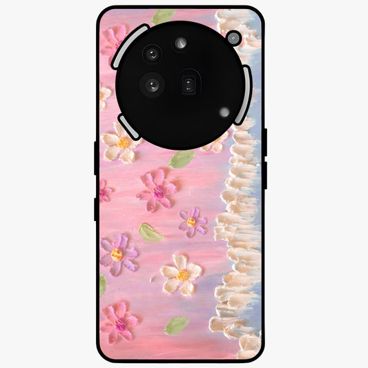 Dreamy Painted Garden Glass Case showing flat back view with artistic painted floral garden artwork and glossy glass finish.