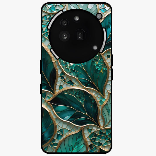 Emerald Leaf Glass Glass Case showing flat back view with emerald green leaf artwork and glossy glass finish.