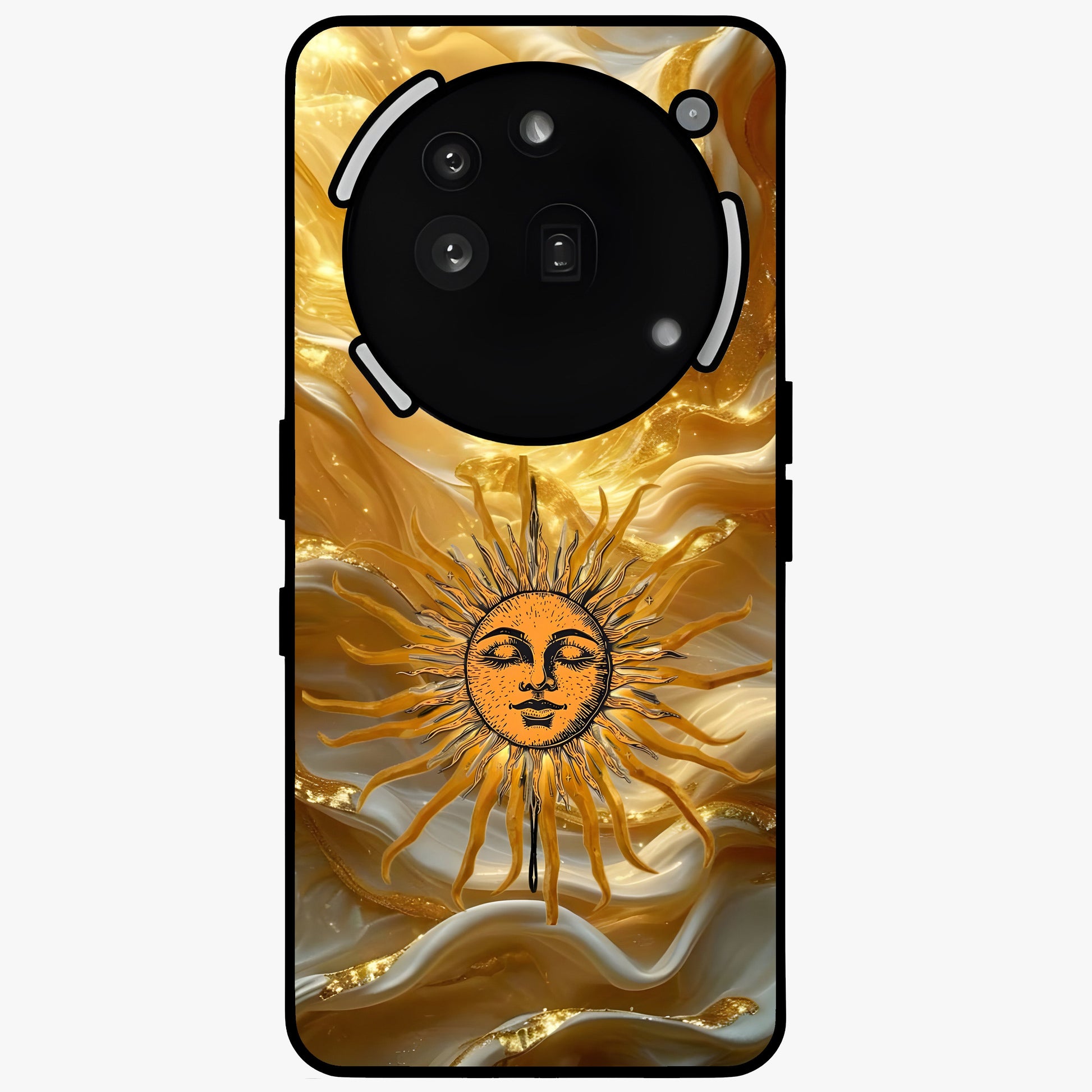 Eternal Golden Glow Glass Case showing flat back view with radiant golden themed artwork and glossy glass finish.