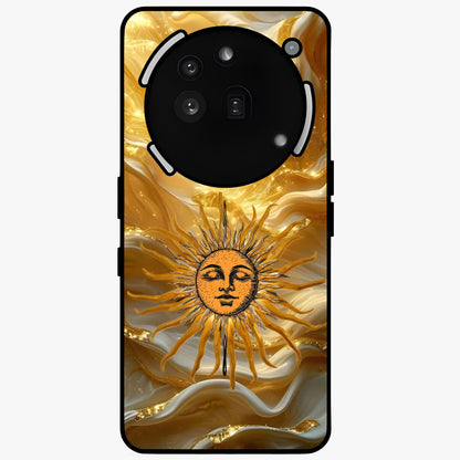 Eternal Golden Glow Glass Case showing flat back view with radiant golden themed artwork and glossy glass finish.