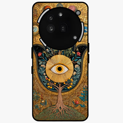 Ethereal Evil Eye Glass Case showing flat back view with mystical evil eye artwork and glossy glass finish.