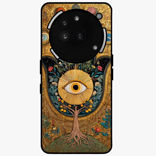 Ethereal Evil Eye Glass Case showing flat back view with mystical evil eye artwork and glossy glass finish.