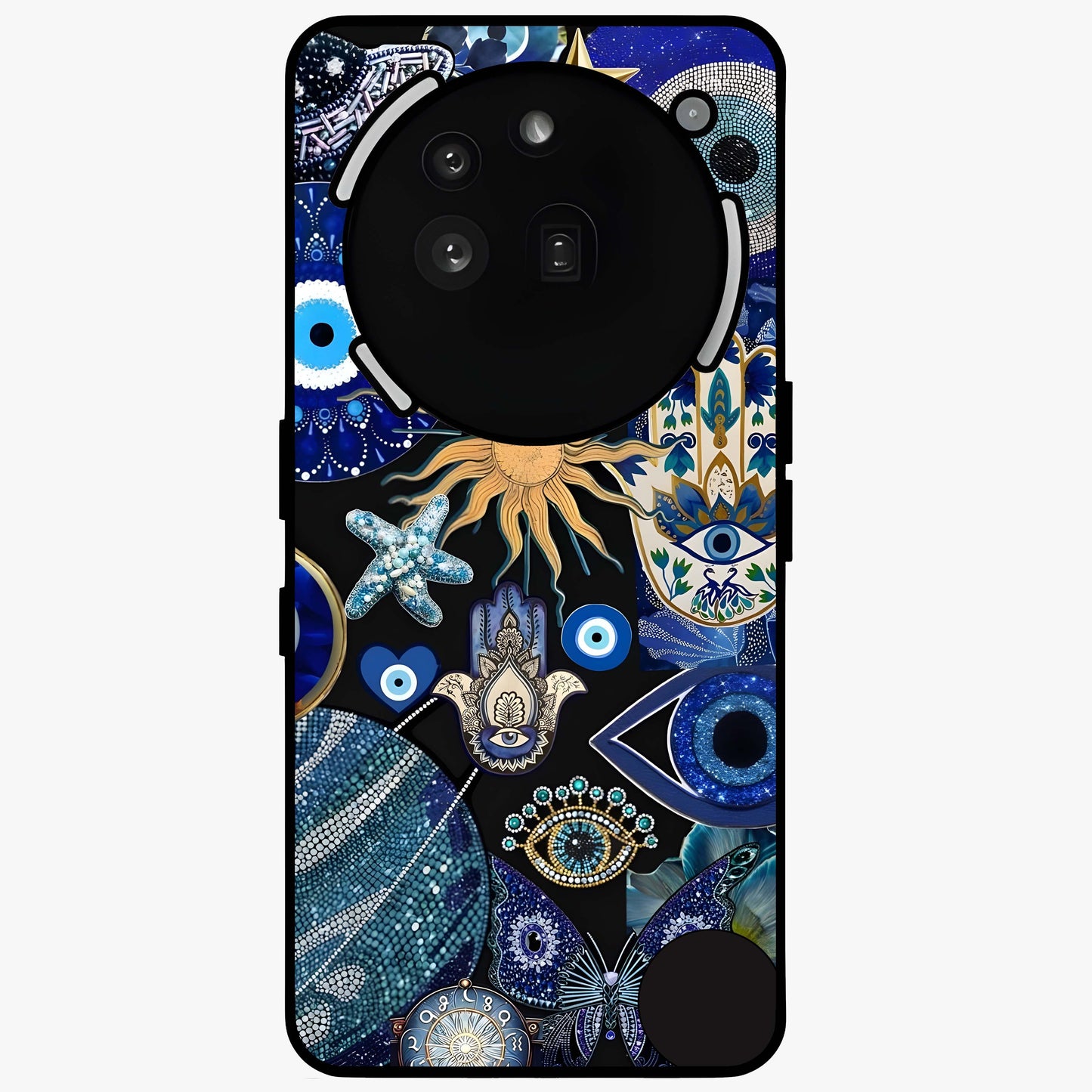 Evil Eye Charm Mix Glass Case showing flat back view with multiple evil eye charms artwork and glossy glass finish.