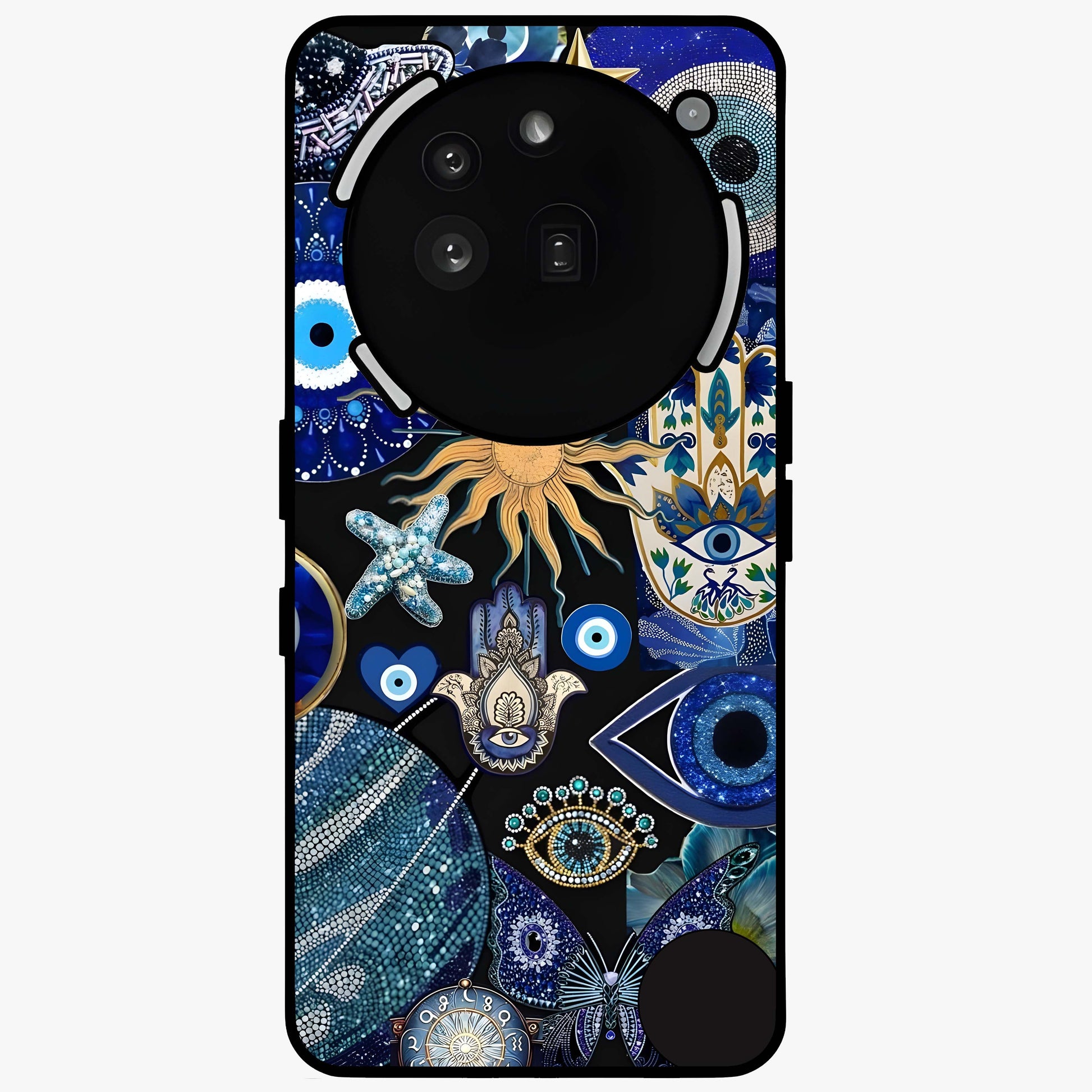 Evil Eye Charm Mix Glass Case showing flat back view with multiple evil eye charms artwork and glossy glass finish.