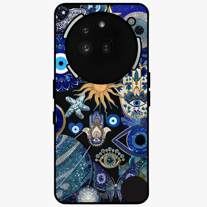 Evil Eye Charm Mix Glass Case showing flat back view with multiple evil eye charms artwork and glossy glass finish.