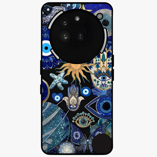 Evil Eye Charm Mix Glass Case showing flat back view with multiple evil eye charms artwork and glossy glass finish.
