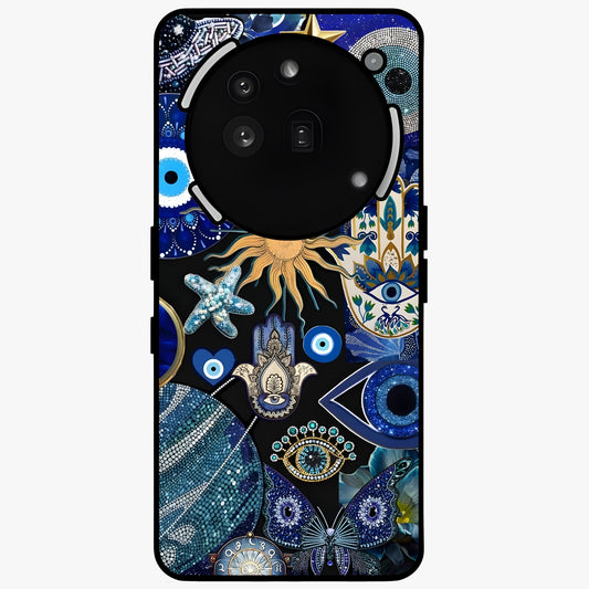 Evil Eye Charm Mix Glass Case showing flat back view with multiple evil eye charms artwork and glossy glass finish.